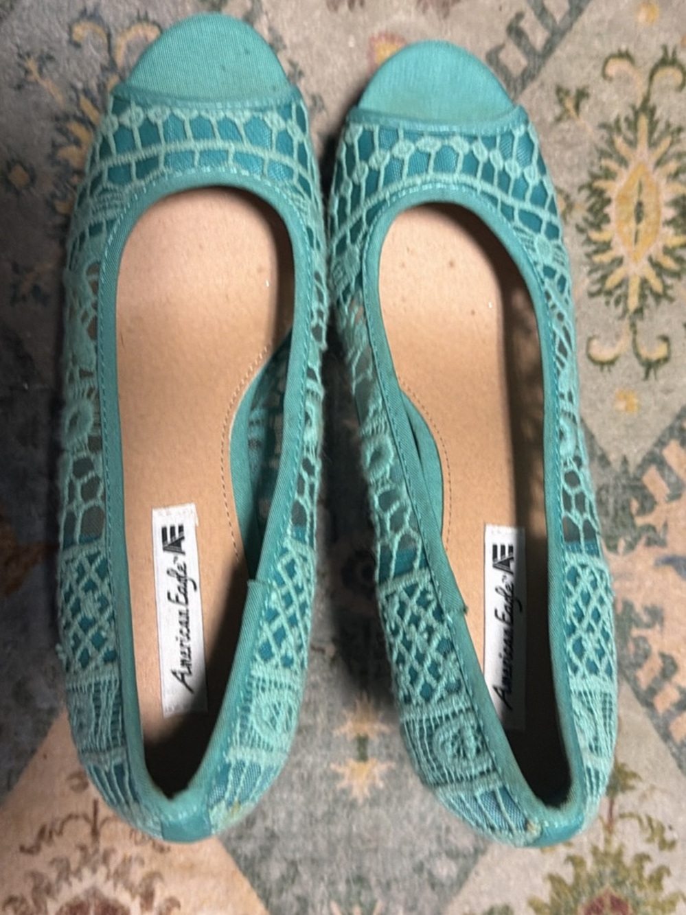 American Eagle Outfitters Teal Crochet Peep-Toe Wedges